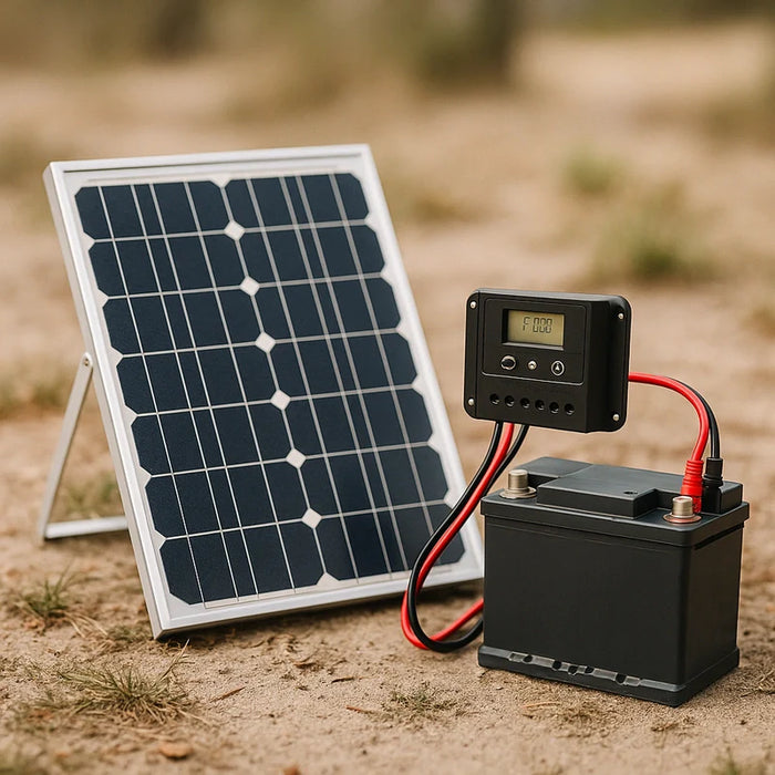 A complete 12 volt solar charger battery system with panel, controller, and battery arranged outdoors on a wooden surface.