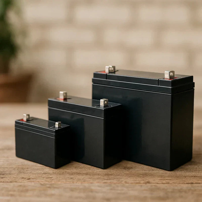 An array of different size 12V SLA batteries arranged on a wooden surface with soft natural lighting.
