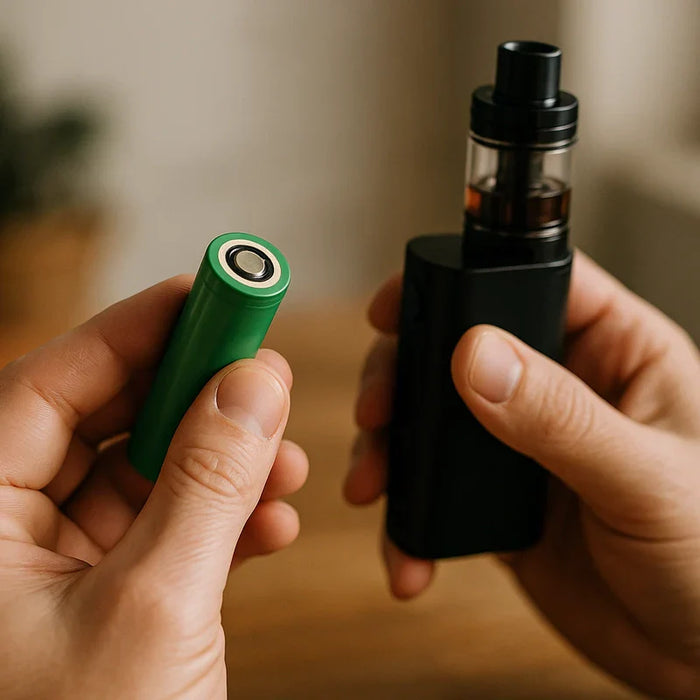 Two 18650 battery ecig cells positioned next to a modern vape mod on a wooden surface.