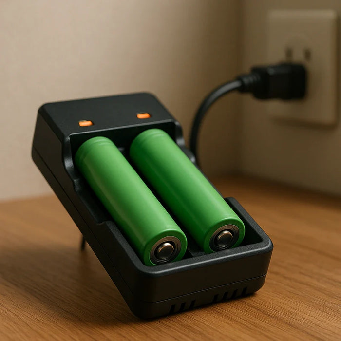 A safe 18650 battery recharge setup with a smart charger on a wooden surface, featuring soft natural lighting.