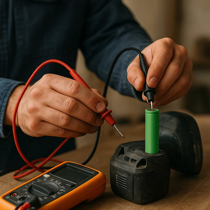 A technician uses a multimeter to test a cylindrical 18650 rechargeable battery for power tools on a workbench.