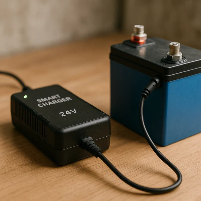 A smart 24V charger with LED indicators connected to a lithium battery in a workshop environment.