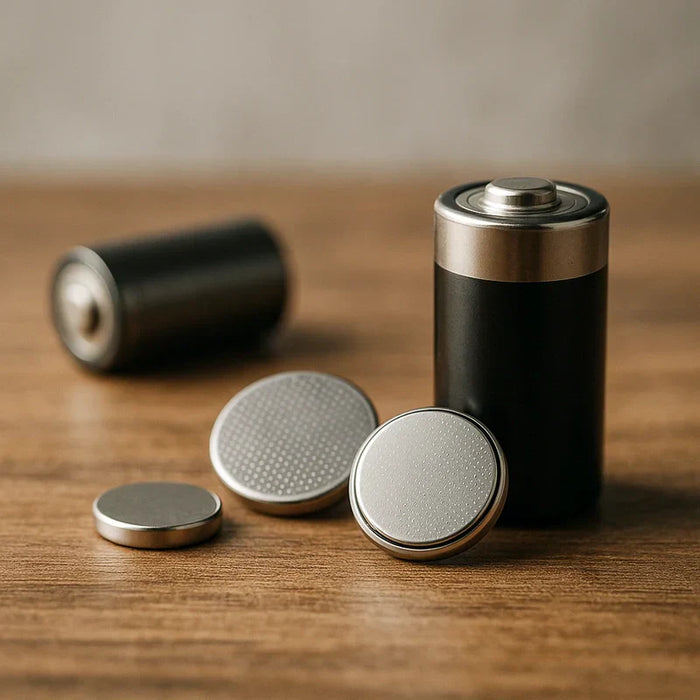 An assortment of 3.0 volt battery types including CR2032, CR2430, and CR123A arranged on a wooden surface with soft lighting.