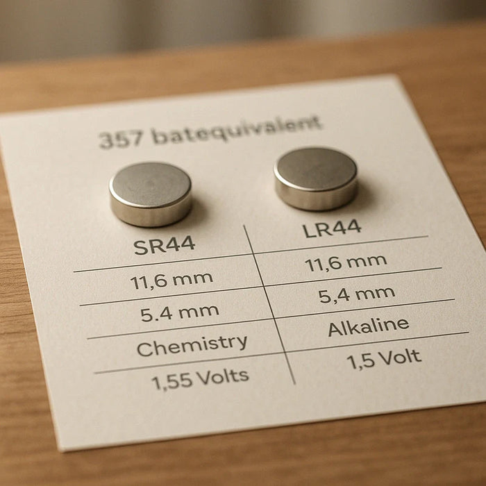 A silver 357 battery equivalent positioned beside a black digital caliper on a wooden surface.