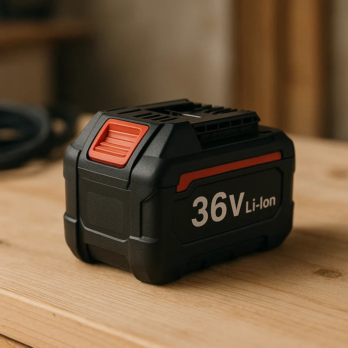 A professional-grade 36v lithium battery for power tools with clear labels sits on a workbench in soft natural lighting.