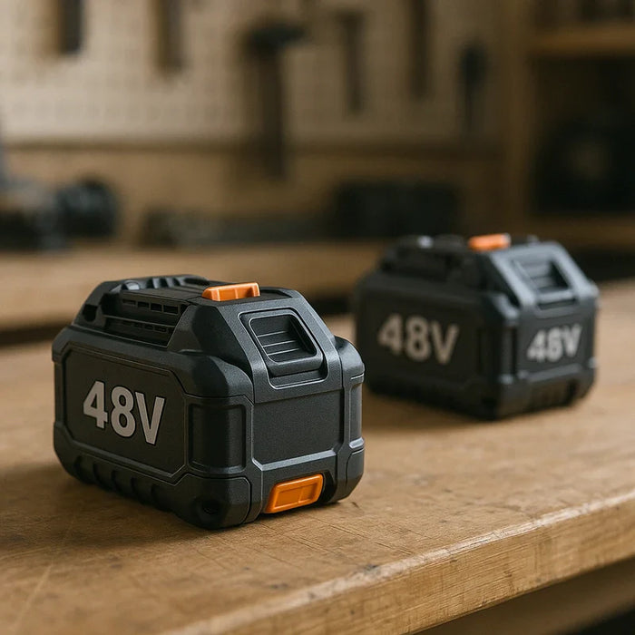 Two black High-power 48V batteries for professional power tools rest on a wooden workbench with metal tools nearby.