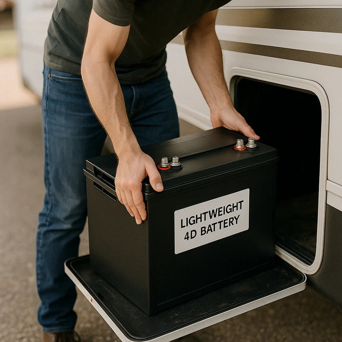  A technician installs a lightweight 4D battery into an RV battery compartment with soft natural lighting.