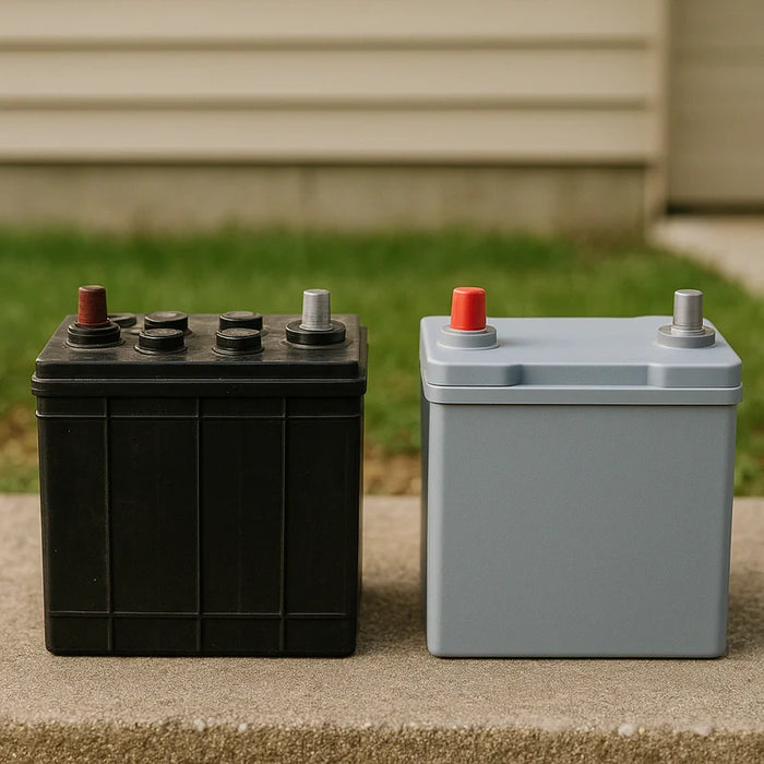 Side-by-side comparison of a traditional lead-acid 4DLT battery and a modern LiFePO4 4DLT battery on a textured surface.