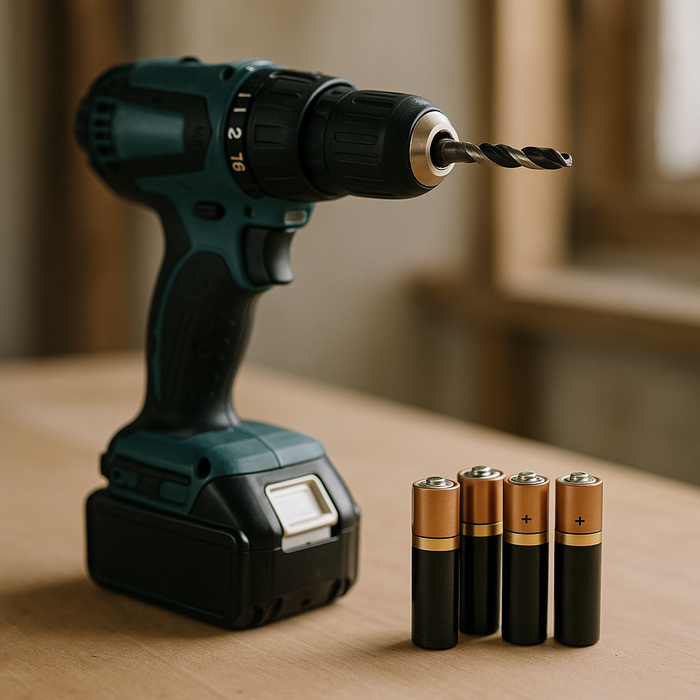 A cordless power tool with lithium batteries placed beside traditional alkaline batteries on a wooden workbench.