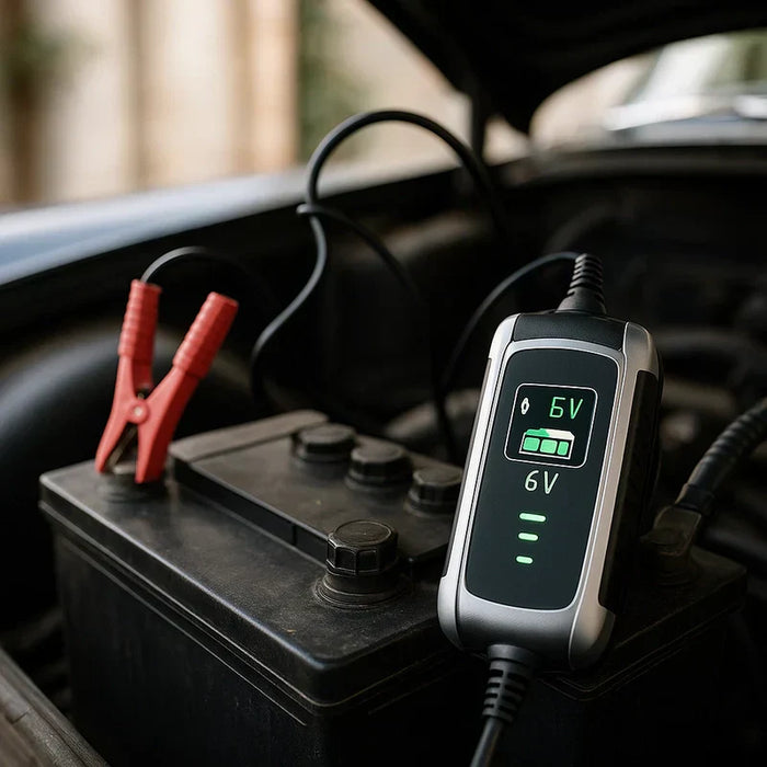 A modern 6 volt battery charger with red and black cables connected to a classic car battery in a softly lit automotive setting.