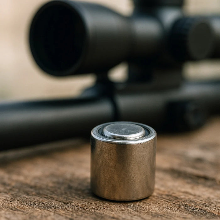 A lithium CR1/3N battery for a rifle scope sits on a textured surface with soft natural lighting.