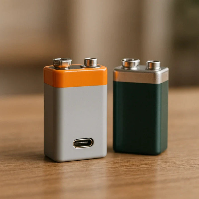 A lithium-ion 9v rechargeable battery with a USB-C port sits beside a NiMH 9v battery on a clean surface.