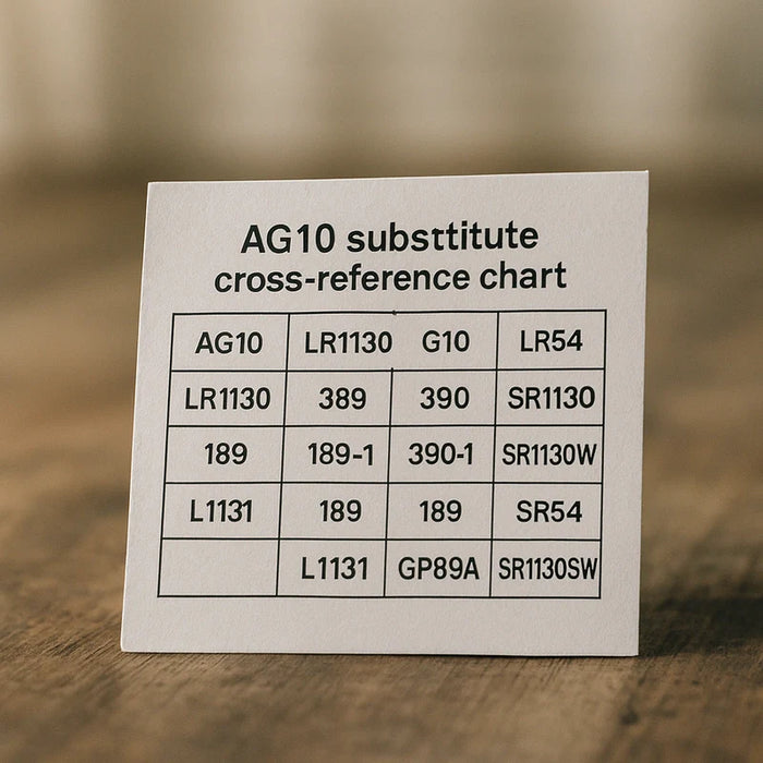 A close-up photograph of an AG10 battery substitute cross-reference chart on a wooden table with soft natural lighting.