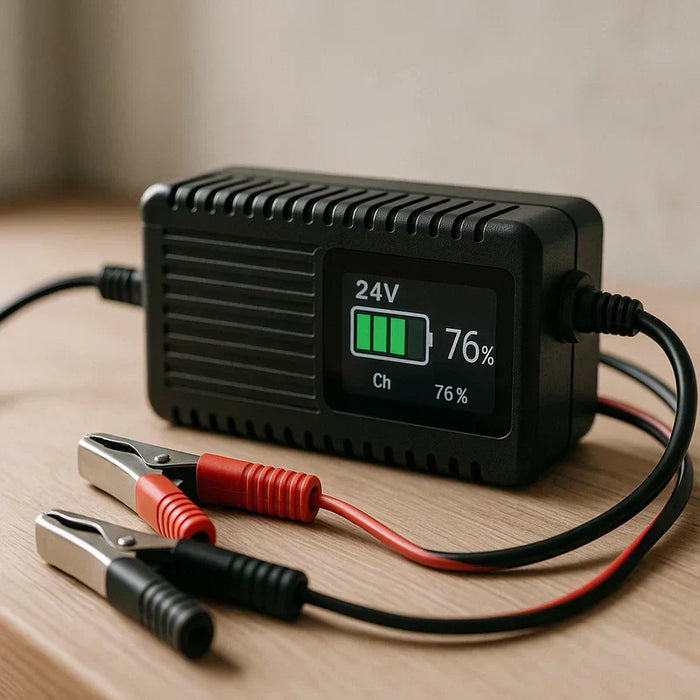 A smart 24V battery charger with a digital display showing charging progress sits on a wooden surface in soft natural light
