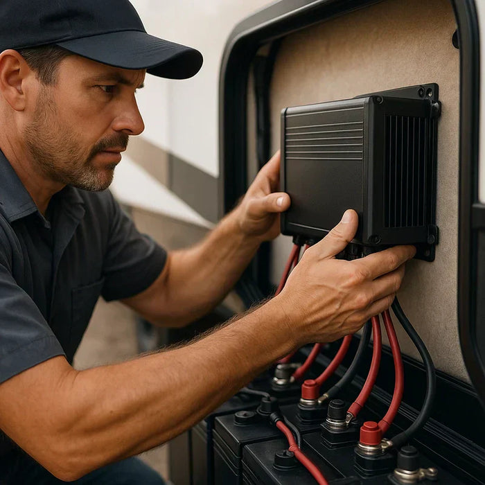  A technician wearing work gloves installs a multi-bank RV battery charger in a vehicle's electrical compartment