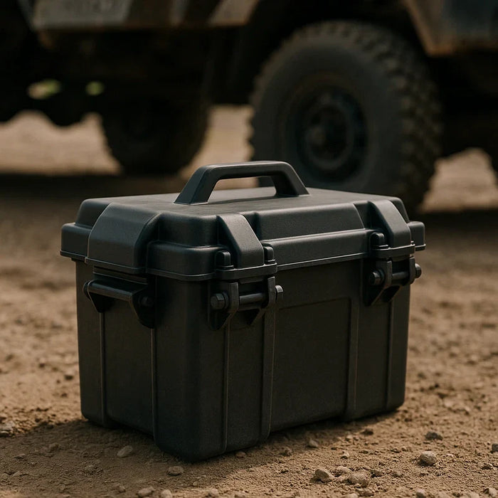 A heavy-duty automotive battery box for an off-road truck sits on rocky terrain with blurred natural background.