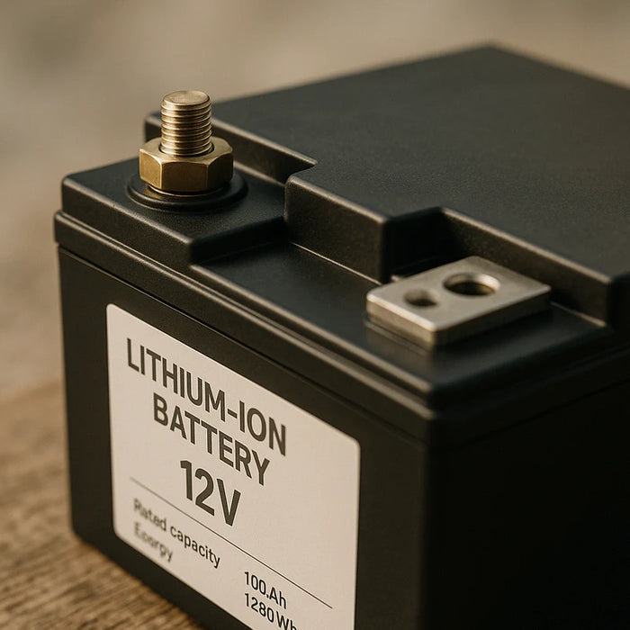 Close-up of the terminals and specification label on a 12V lithium-ion battery in a clean, softly lit environment.