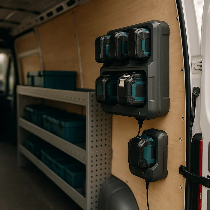 A professional hard-shell battery case with custom foam inserts for power tool batteries on a textured surface with soft lighting.
