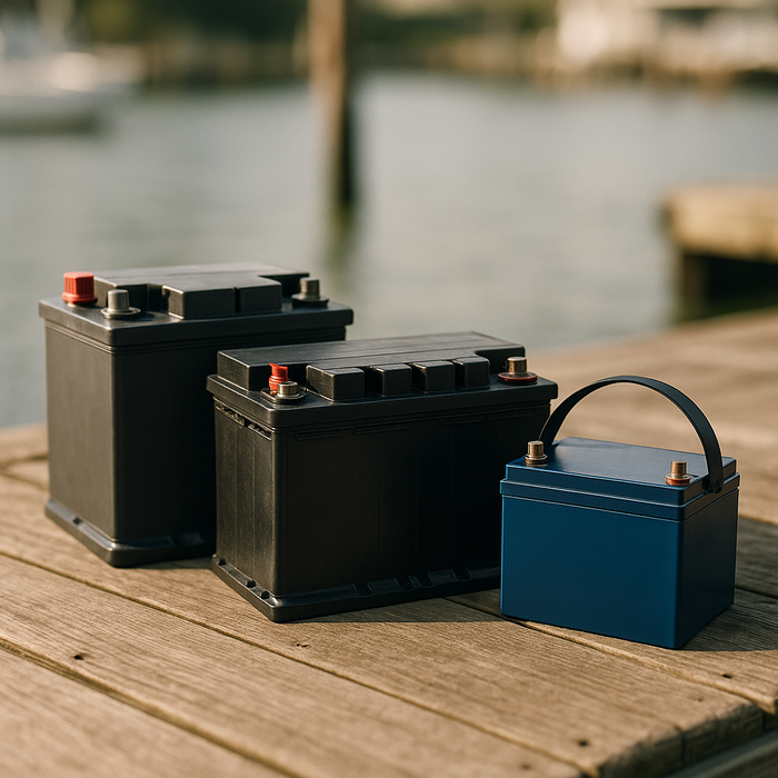  Assortment of modern 12v marine battery types including AGM and LiFePO4 arranged on a wooden surface with soft natural lighting.