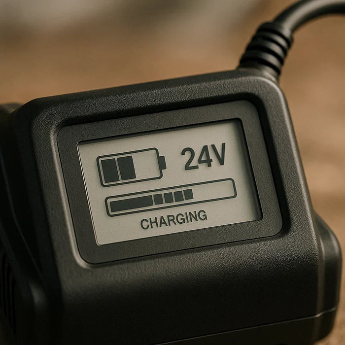 Close-up view of a multi-stage 24V charger display showing current charging status with illuminated indicators.