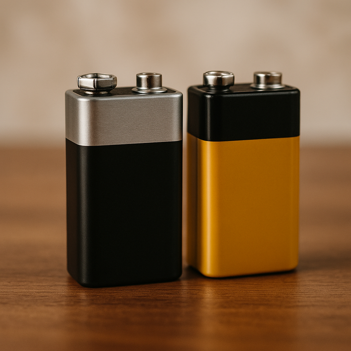 A 9V lithium battery placed next to an alkaline 9V battery on a wooden surface for size and color comparison.