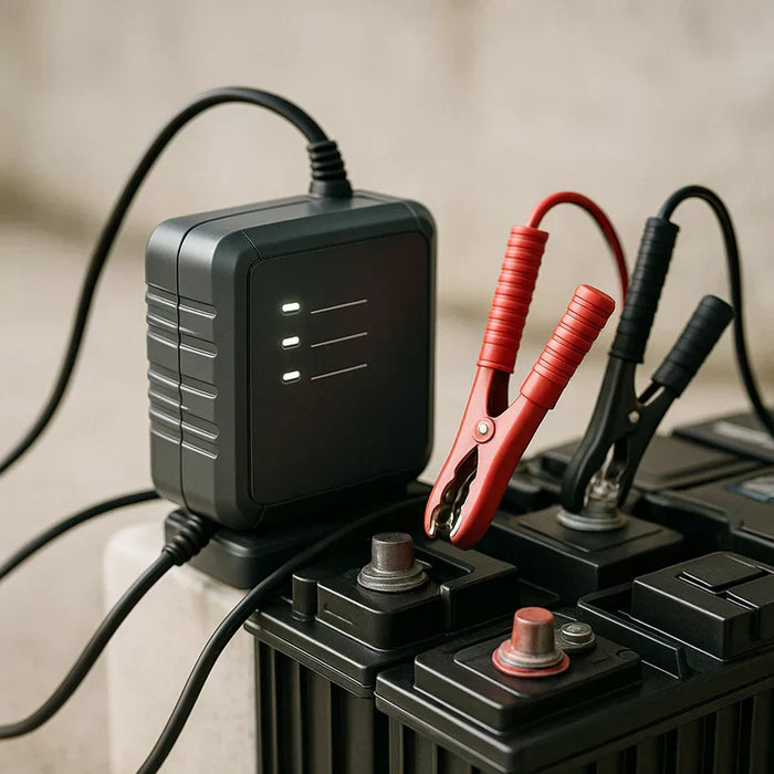 A modern multi-stage deep cycle battery charger connected to a marine battery bank in a marine environment with soft natural lighting.