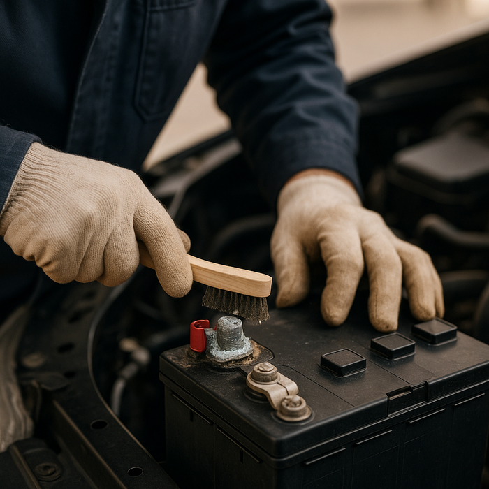  A technician wearing gloves cleans corroded terminals on a 12-volt lead-acid battery with a wire brush.