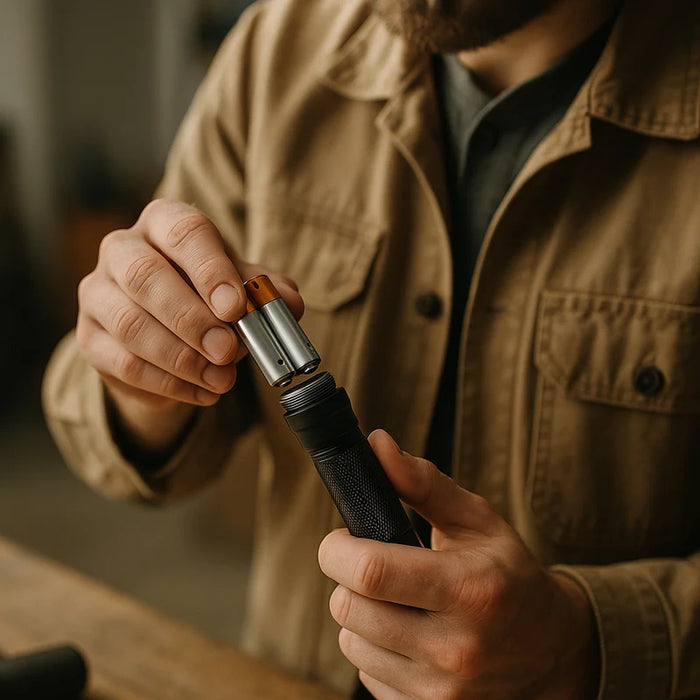 A technician inserts two AA batteries into a black tactical flashlight on a wooden workbench.