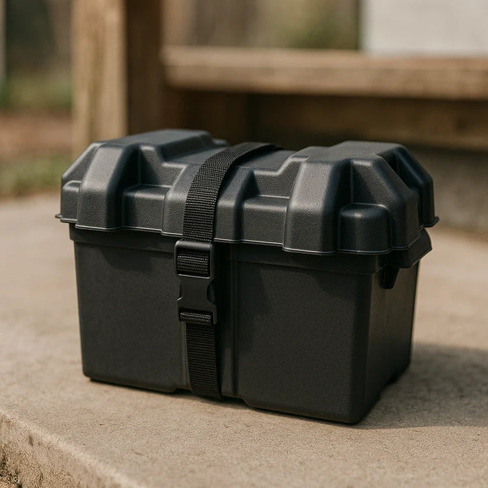 A durable group 24 battery box with a black tie-down strap sits on a wooden surface in natural light.