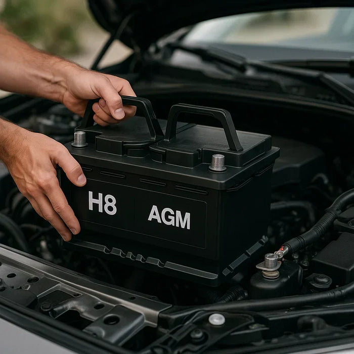 A mechanic installs a black H8 AGM battery into a modern car's engine bay with visible wiring.