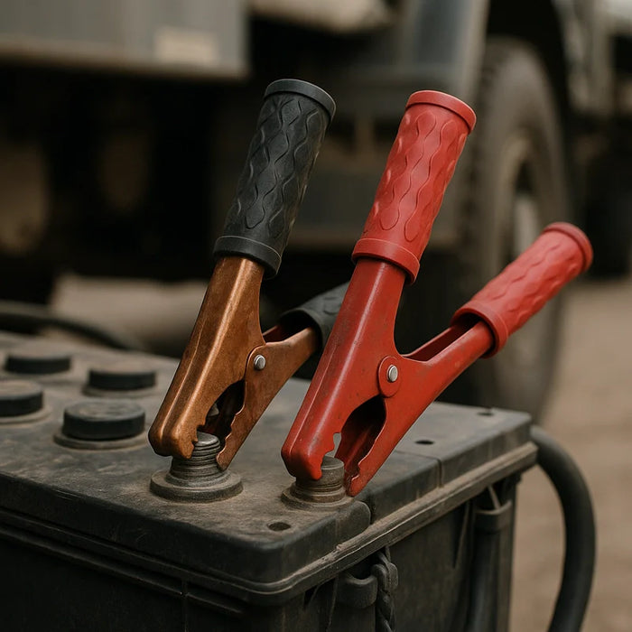 Close-up of heavy-duty jumper cables with thick red and black handles clamped onto a large truck battery terminal.