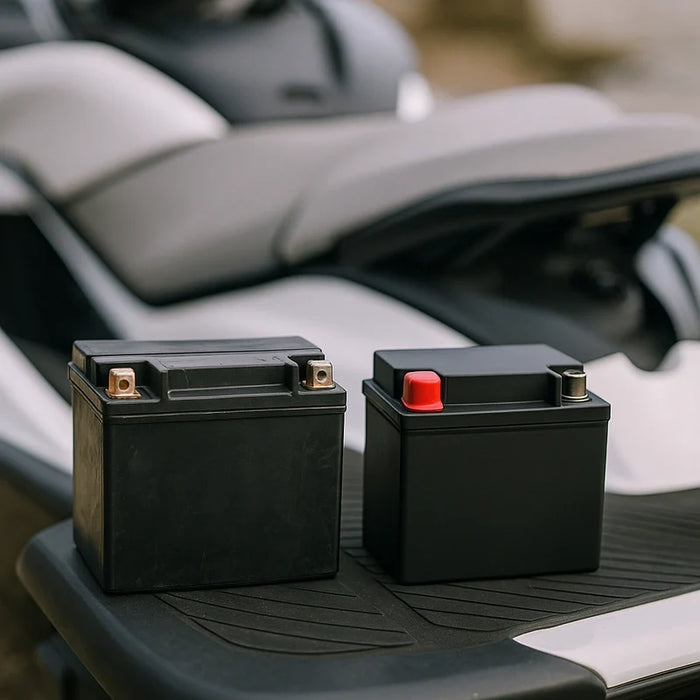 Two jetski batteries, an AGM and a lithium model, placed side-by-side on a wooden surface for comparison.