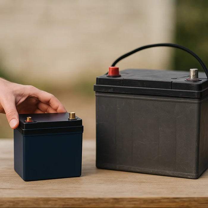 A lightweight lithium deep cycle battery sits next to a heavy AGM battery on a wooden surface, showcasing their size and texture differences.