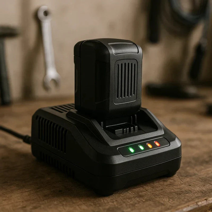 A modern lithium-ion battery charger with diagnostic LED lights sits on a workshop bench with a blurred background.
