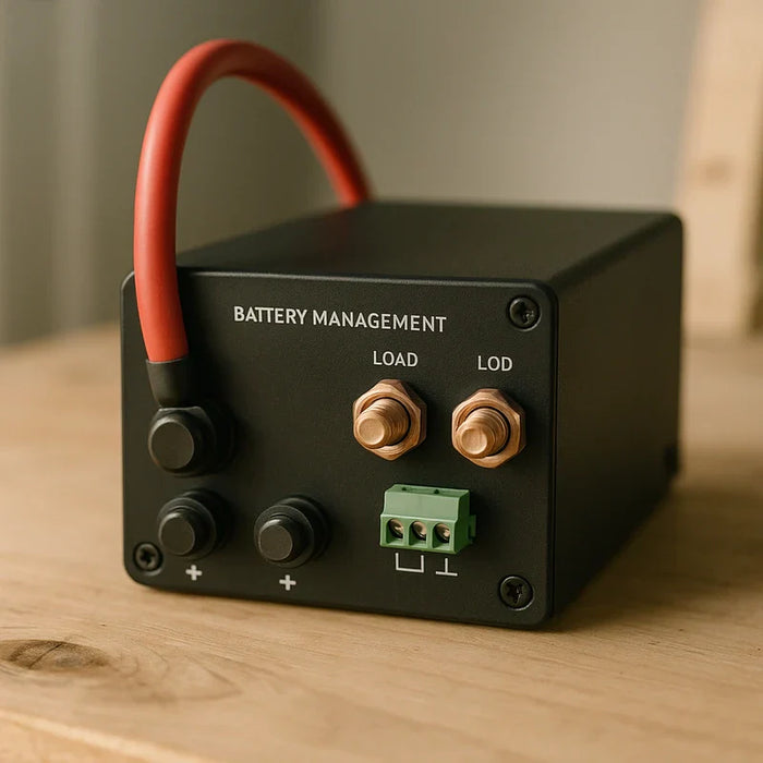 A battery management system with low voltage disconnect feature displayed on a circuit board in a clean electronics workshop environment.