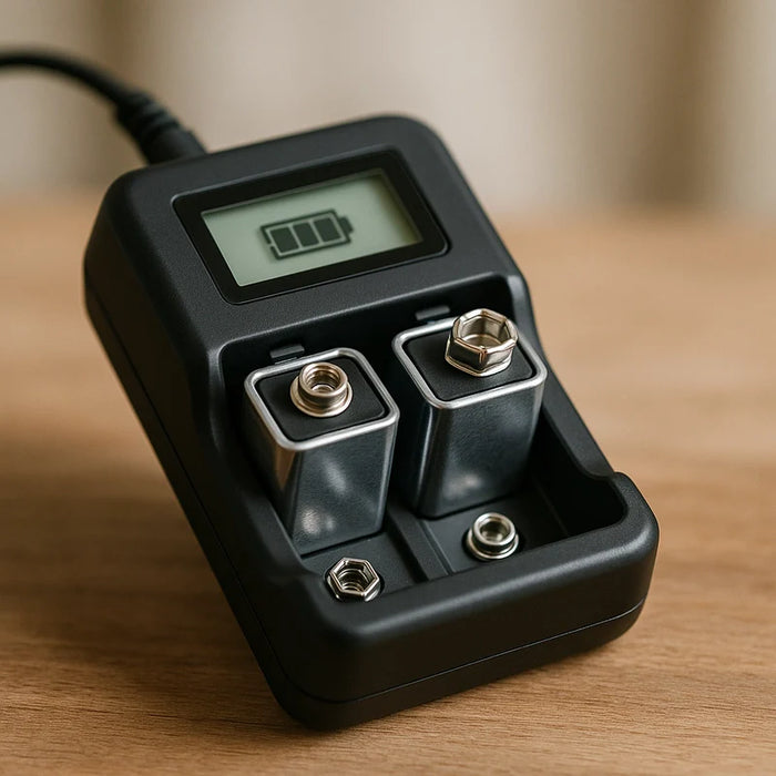 A modern nine volt battery charger with an LCD screen sits on a wooden surface in soft natural light.