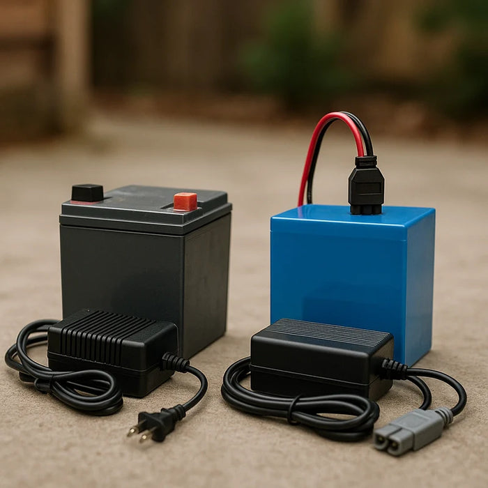 Side-by-side comparison of a standard lead-acid PowerWheel battery and charger next to a lithium upgrade kit on a wooden surface.
