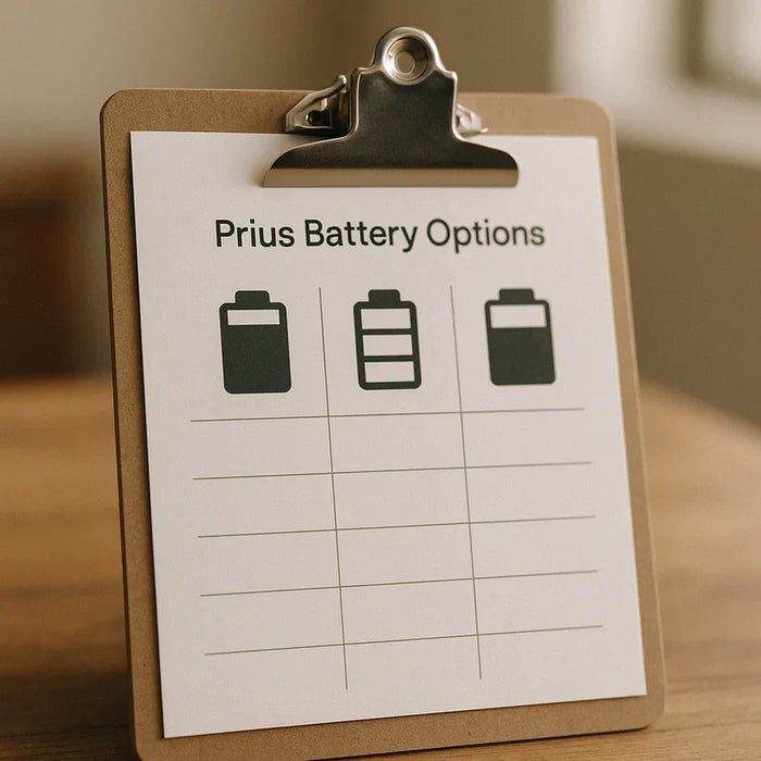 A comparison chart displays different Toyota Prius battery options with specifications and pricing details.