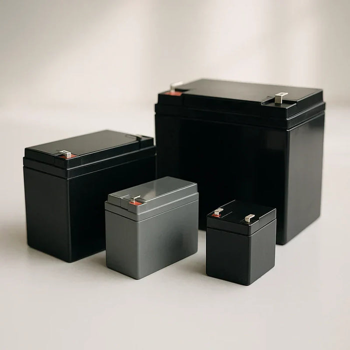 Multiple sealed lead-acid SLA batteries of different sizes arranged on a clean white background.