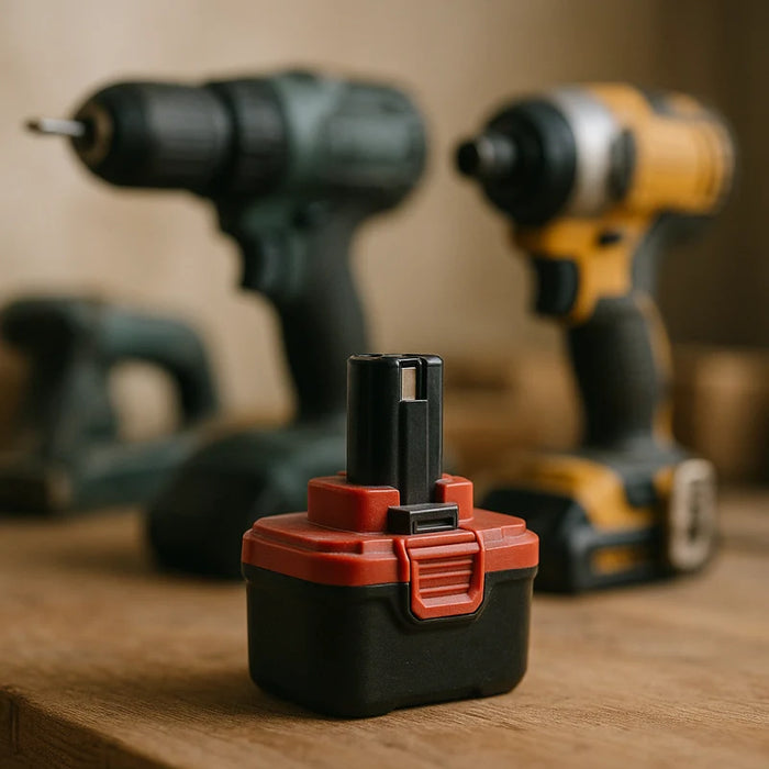 A compact 12-volt battery sits beside power tools on a workbench in a workshop environment