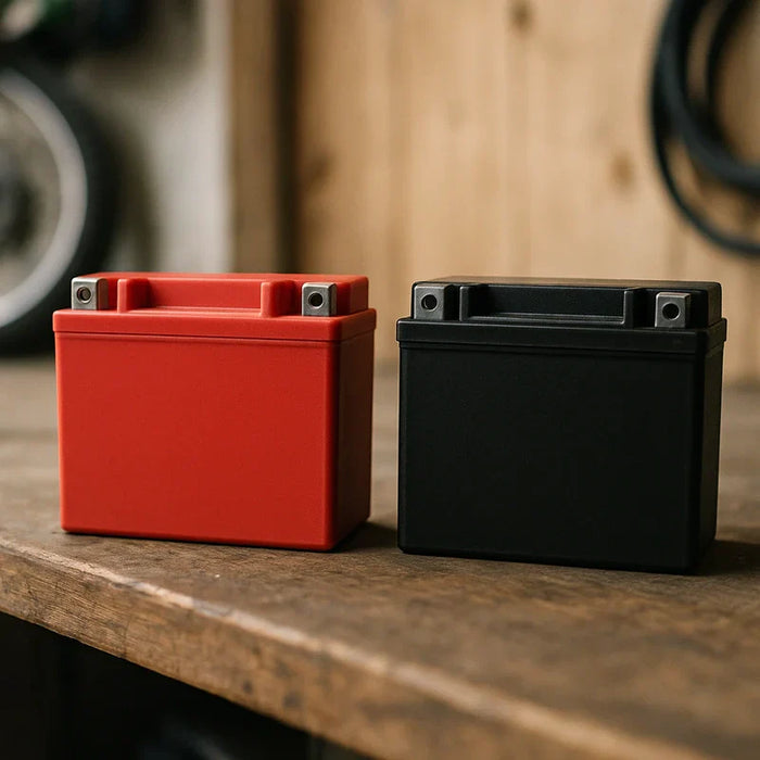 A ytx12 bs battery comparison showing lithium and AGM batteries on a wooden surface with soft natural lighting.