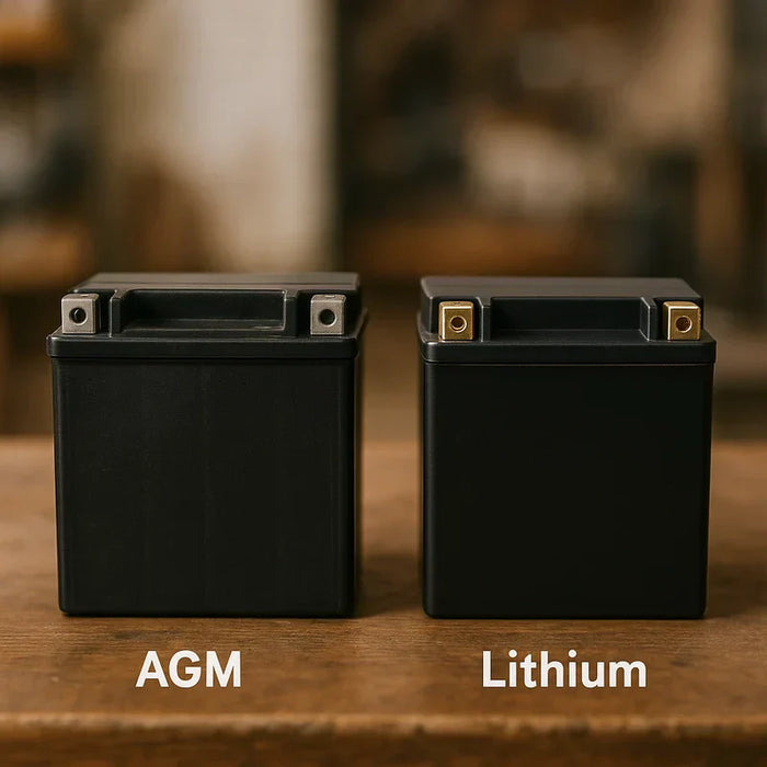 Two YTX14-BS batteries, one AGM and one Lithium, placed side-by-side on a wooden surface with soft natural lighting.